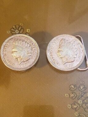 Vintage Copper Toned 1902 Indian Head Coin Belt Buckle Lot 2pc Western Accessory